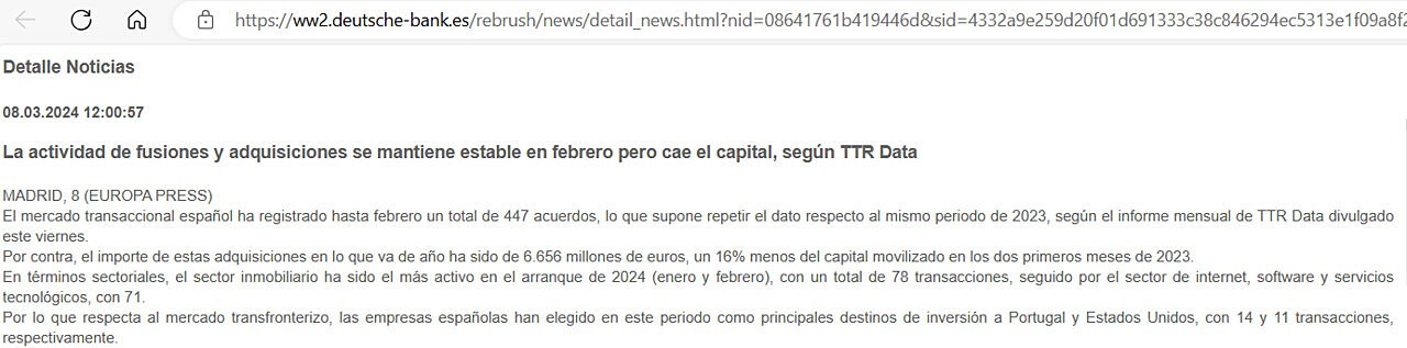 La actividad de fusiones y adquisiciones se mantiene estable en febrero pero cae el capital, segn TTR Data